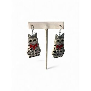 Vintage Painted Wood Grey Tabby Green Eyed Cat Kitty Dangle Pierced Earrings